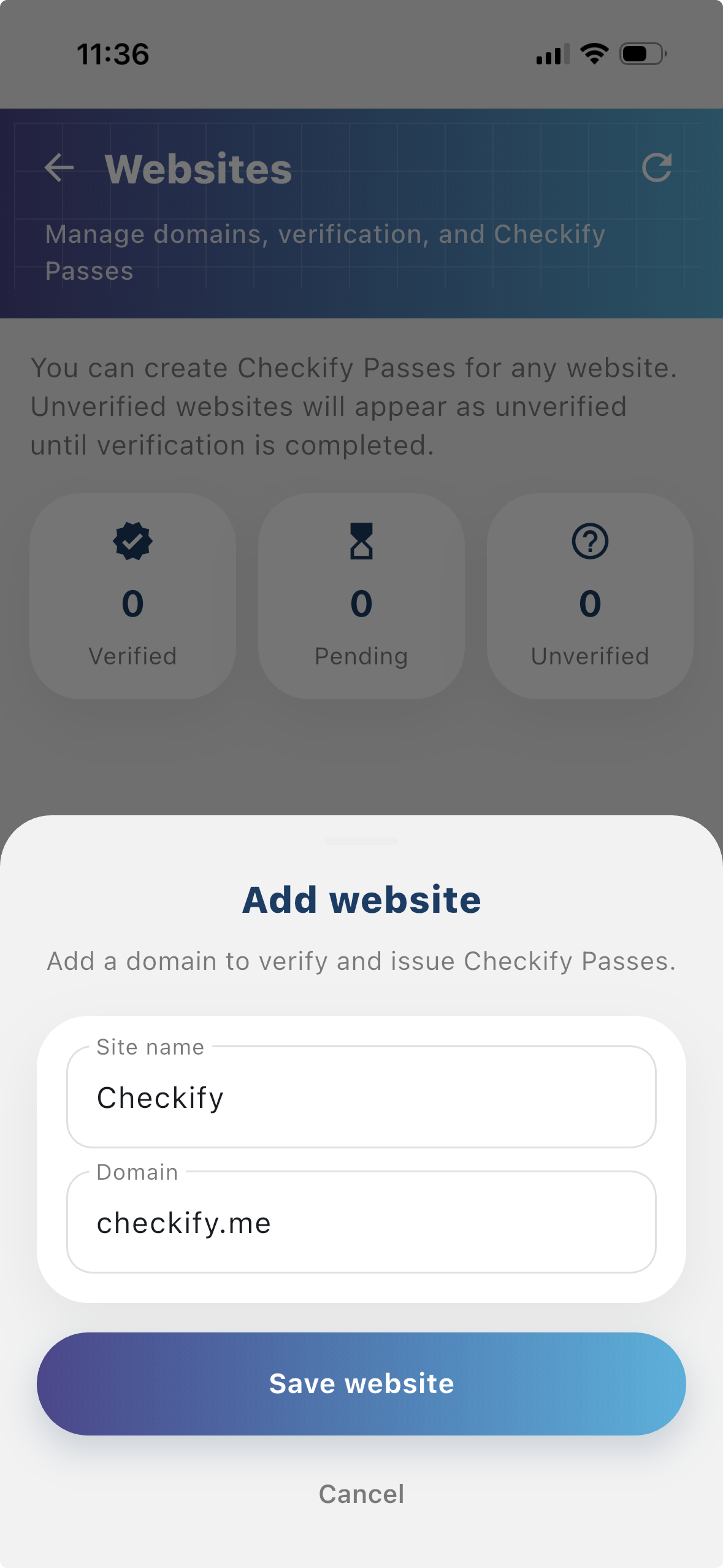 Add a website site in the Checkify app