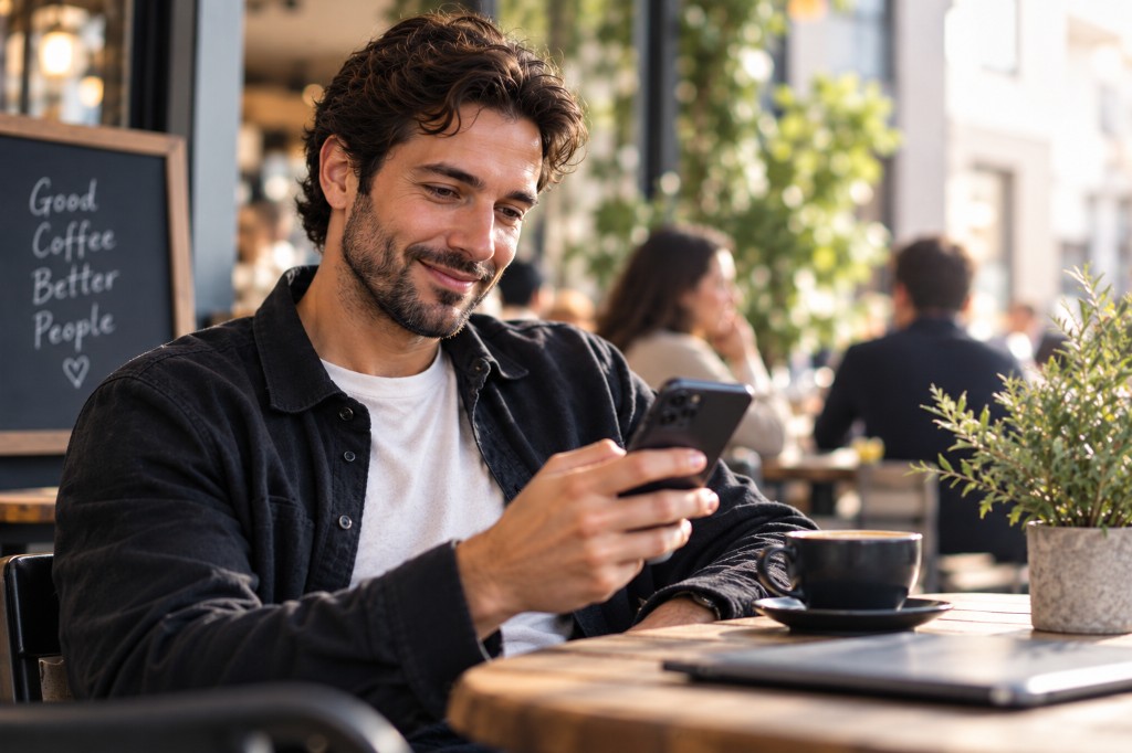 Man smiling at his phone at an outdoor café