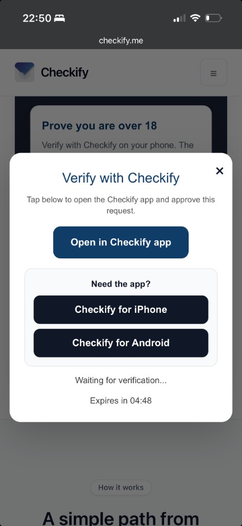 Website modal prompting the customer to open the Checkify app to verify